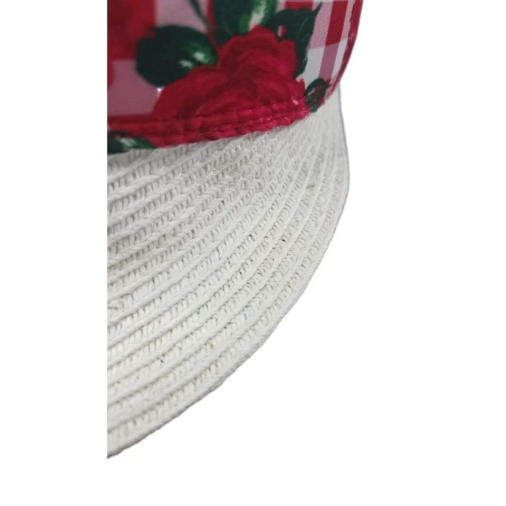Betsey Johnson Gingham Rose Straw Sun Visor Hat Tie Back Bow Cottagecore Summer